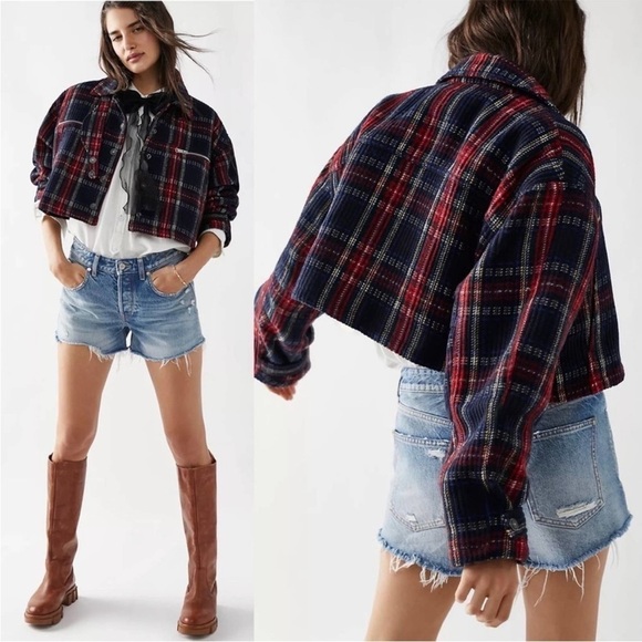 We The Free Free People FP Swing Flight Jacket Red Navy Tartan Plaid Size L - Picture 1 of 16